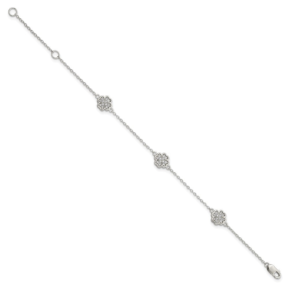 Sterling Silver Rhodium-plated Polished CZ Four Leaf Clover Bracelet