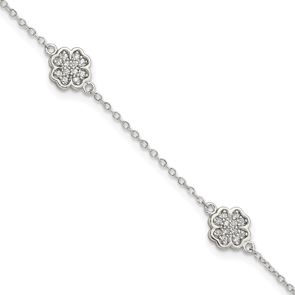 Sterling Silver Rhodium-plated Polished CZ Four Leaf Clover Bracelet