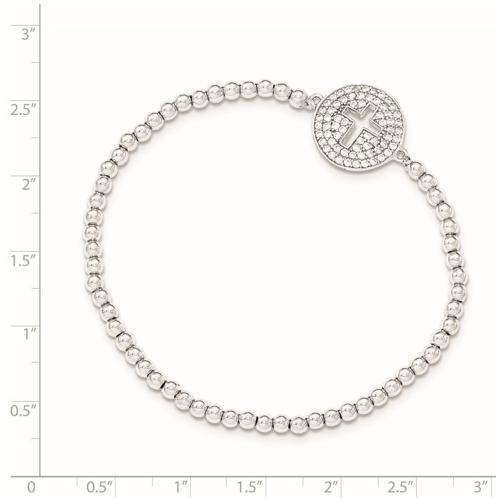 Sterling Silver Rhodium-plated Polished Cut-out Cross in CZ Circle Beaded Stretch Bracelet