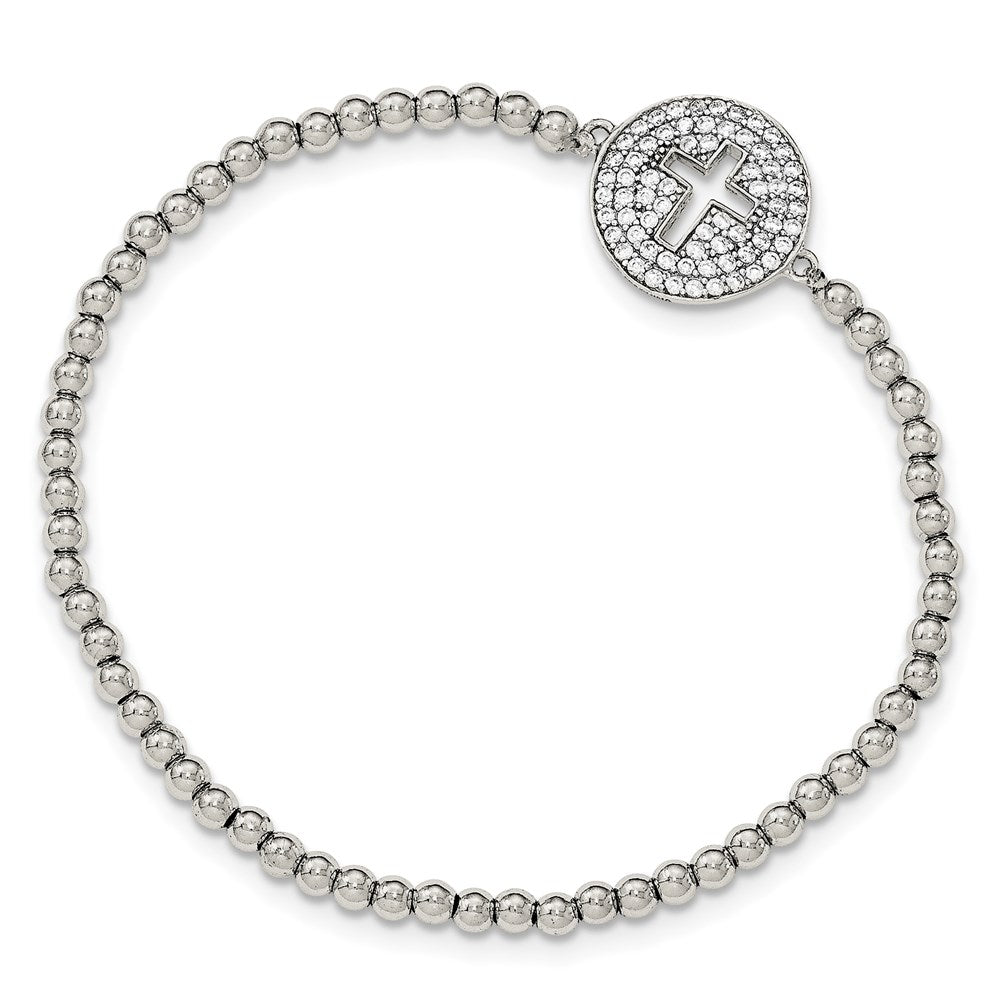 Sterling Silver Rhodium-plated Polished Cut-out Cross in CZ Circle Beaded Stretch Bracelet