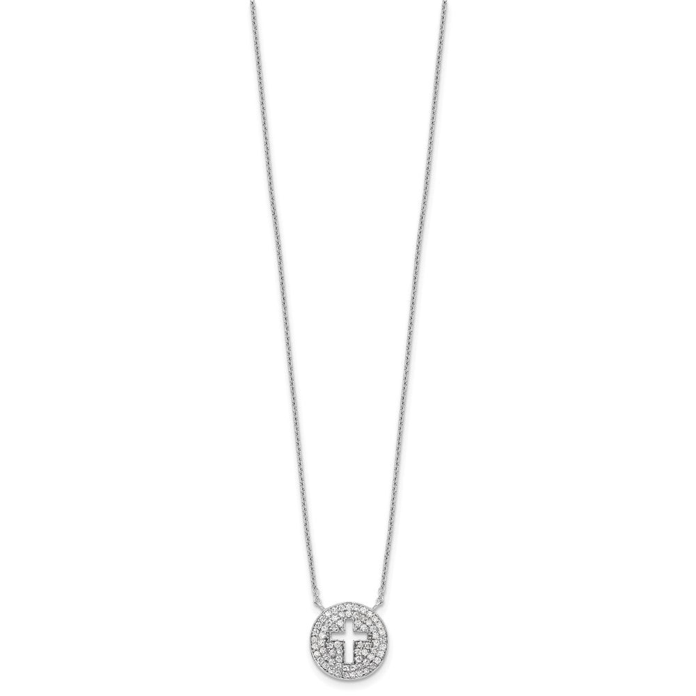 Sterling Silver Rhodium-plated Polished Cut-out Cross in CZ Circle Necklace