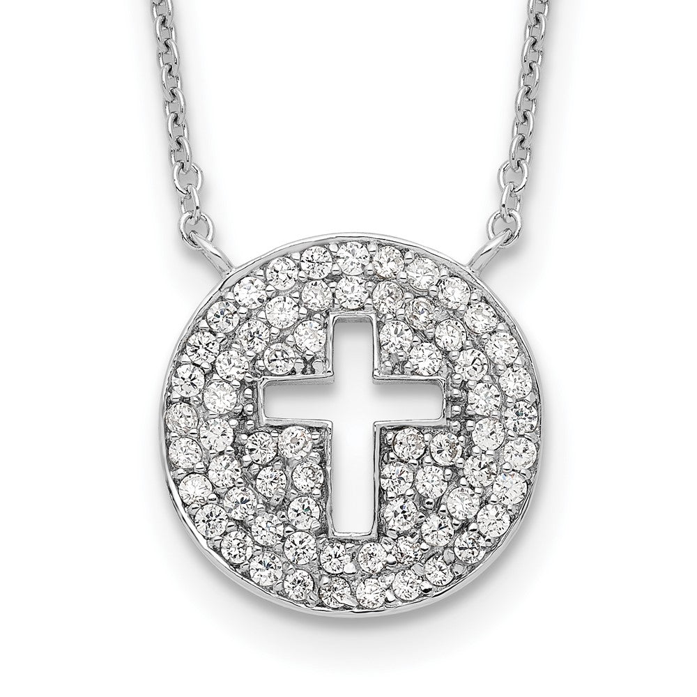 Sterling Silver Rhodium-plated Polished Cut-out Cross in CZ Circle Necklace