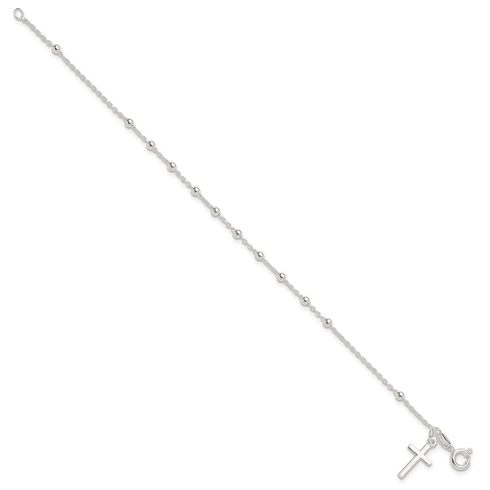 Sterling Silver Polished Beaded Cross Bracelet