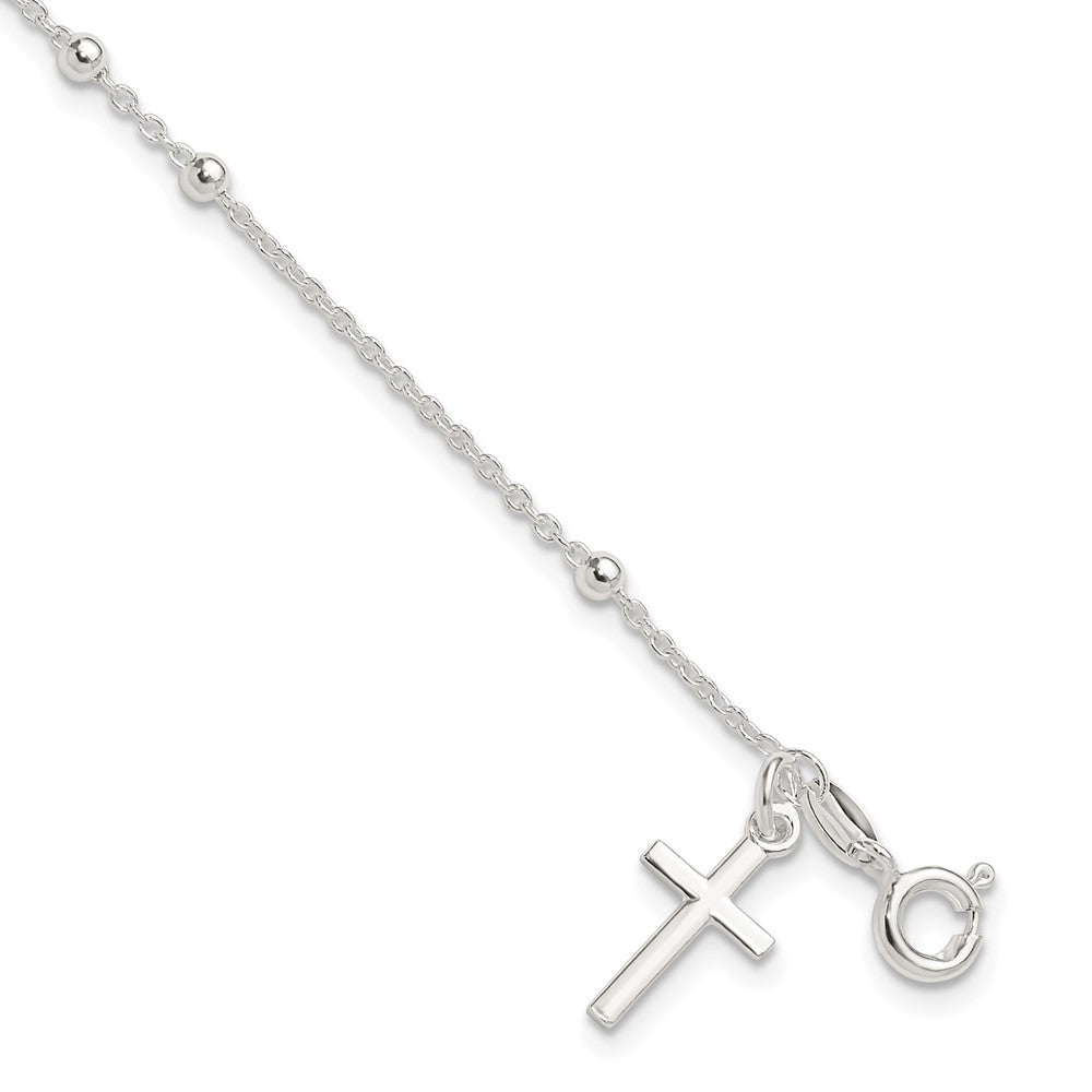Sterling Silver Polished Beaded Cross Bracelet