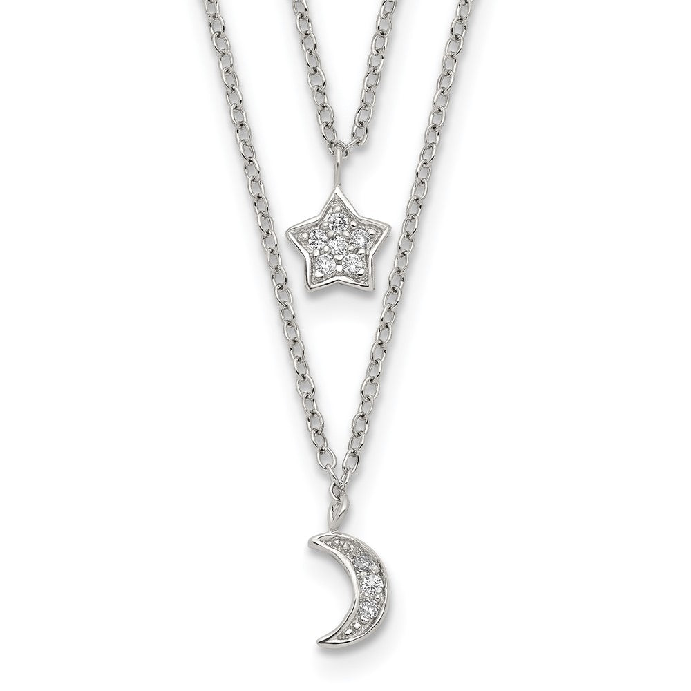 Sterling Silver RH-plate CZ Moon/Star 2-Strand w/ ext Necklace