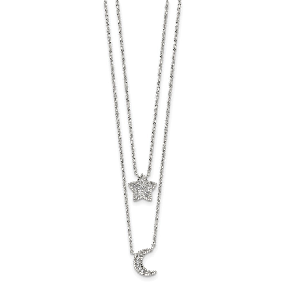 Sterling Silver RH-plated Polished CZ Moon and Star Double Strand Necklace