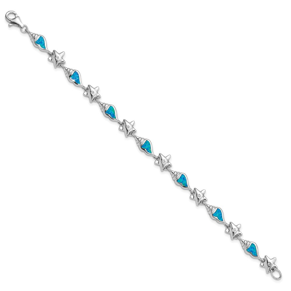 Sterling Silver Rhodium-plated Starfish CZ and Lab Created Opal Seashell Bracelet