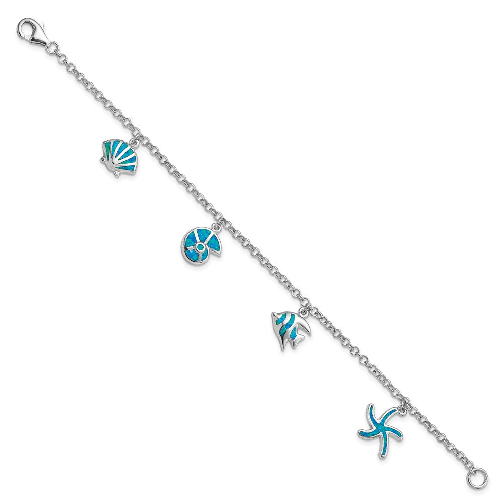 Sterling Silver Rhodium-plated Lab Created Opal Fish and Shells Charm Bracelet