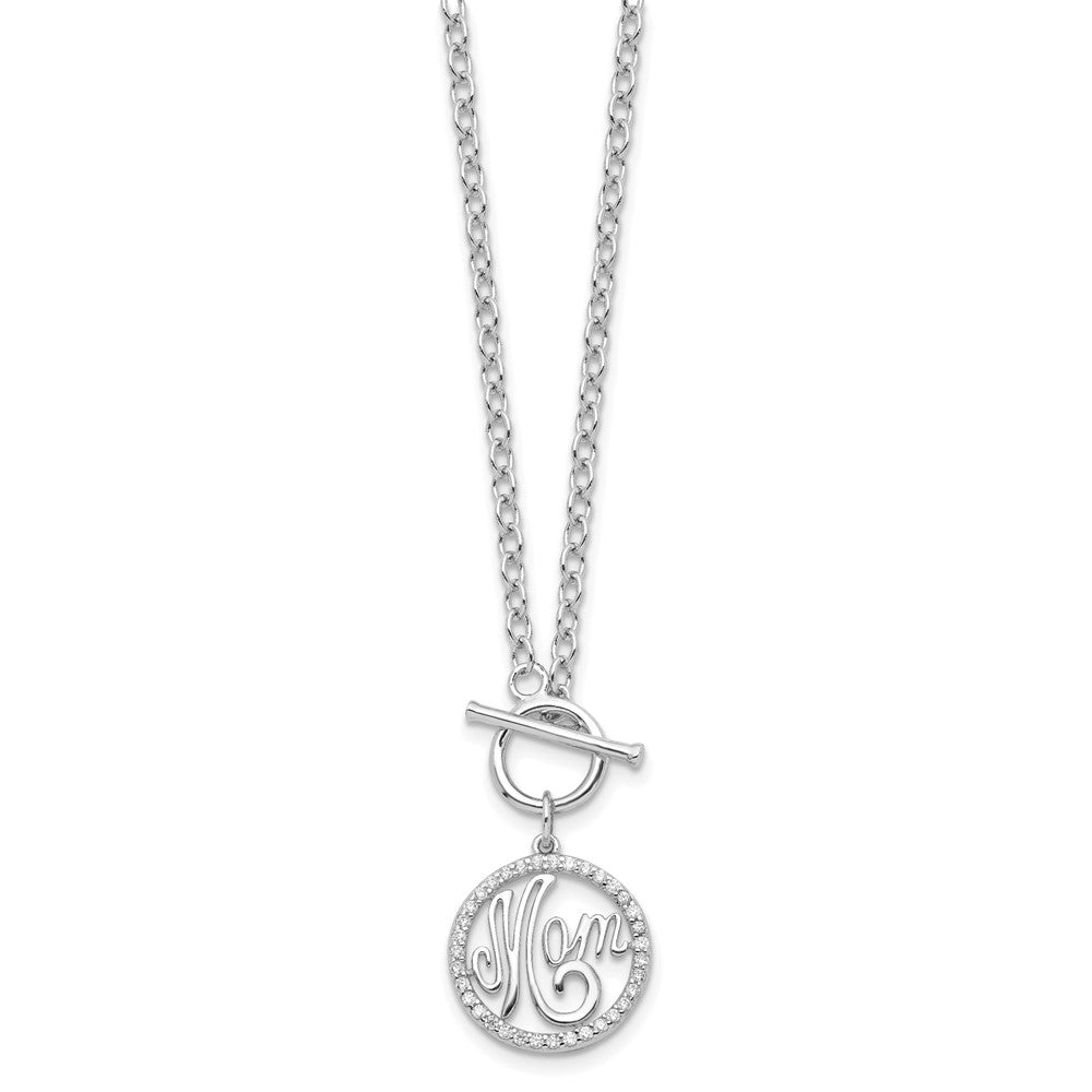 Sterling Silver Rhodium-plated Polished CZ MOM in Circle Toggle Necklace