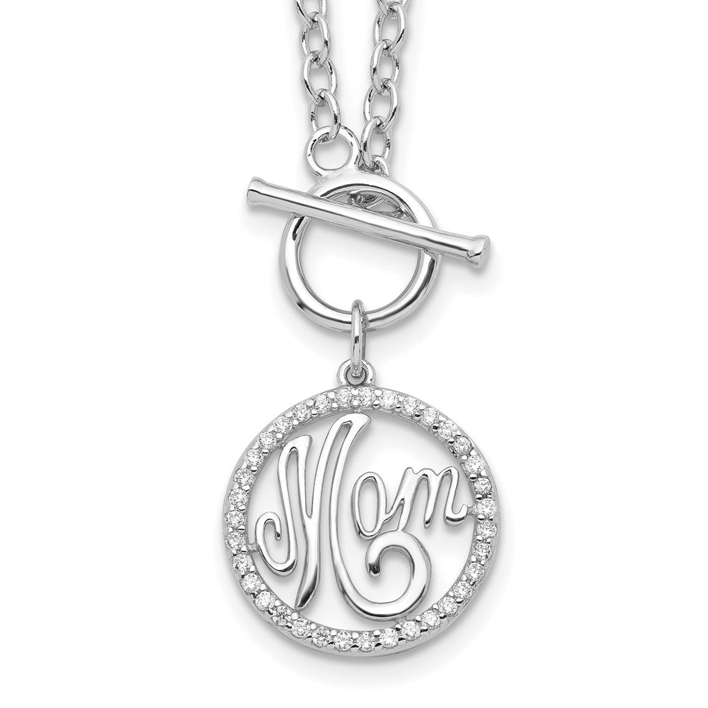 Sterling Silver Rhodium-plated Polished CZ MOM in Circle Toggle Necklace
