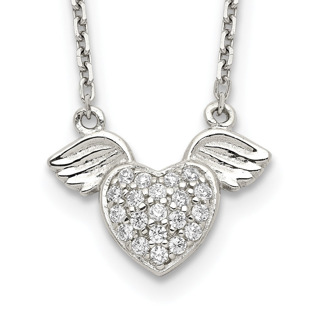 Sterling Silver Rhodium-plated Polished CZ Heart w/Wings Necklace