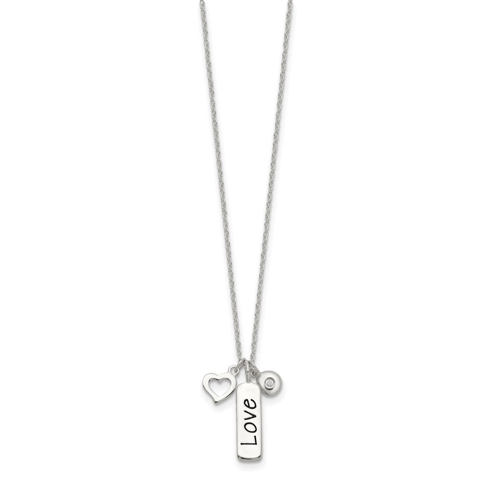 Sterling Silver Antiqued/Polished CZ LOVE and Heart with Extension Necklace