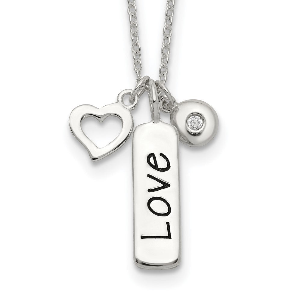 Sterling Silver Antiqued/Polished CZ LOVE and Heart with Extension Necklace