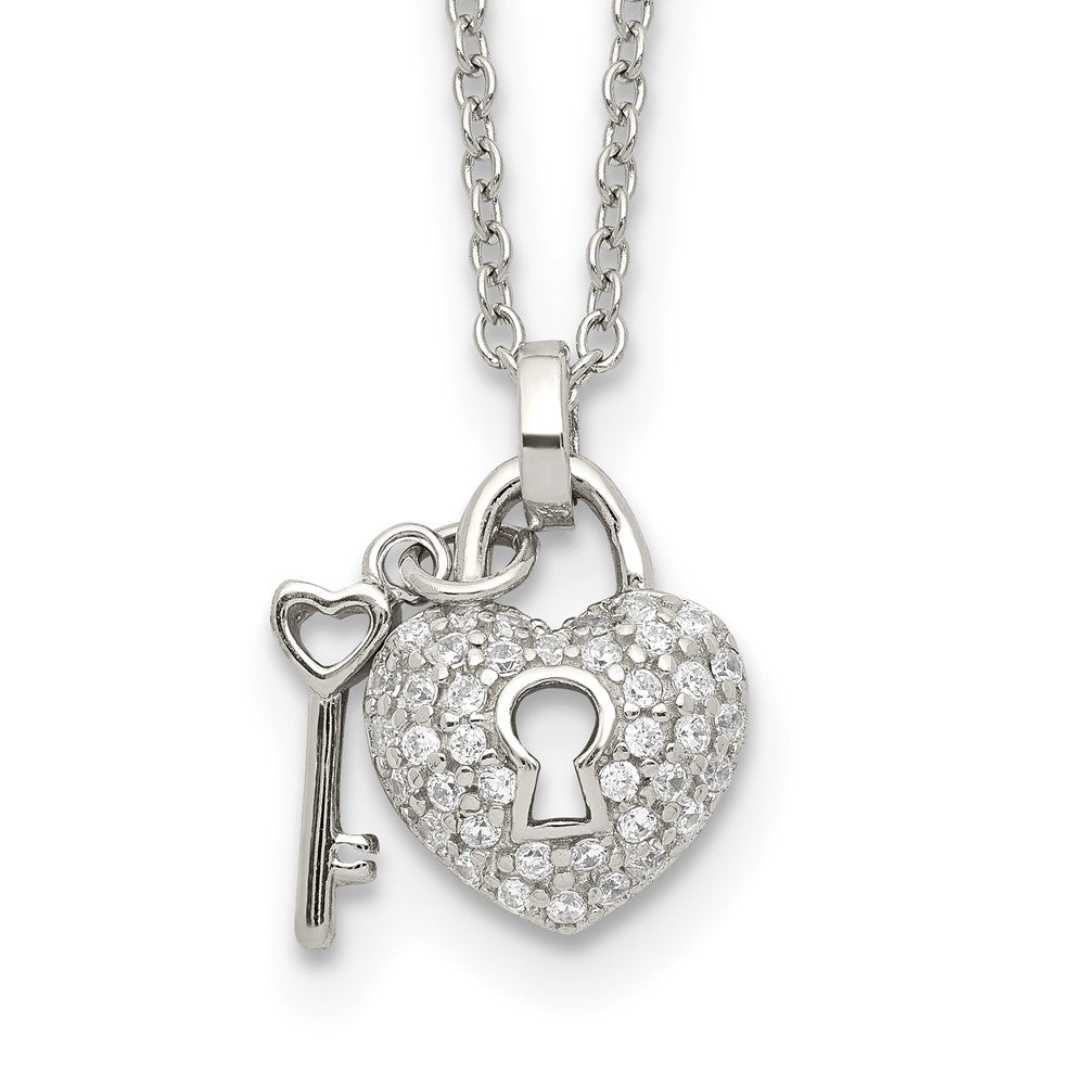 Sterling Silver Rhodium Plated Polished Key and CZ Lock Necklace with extension