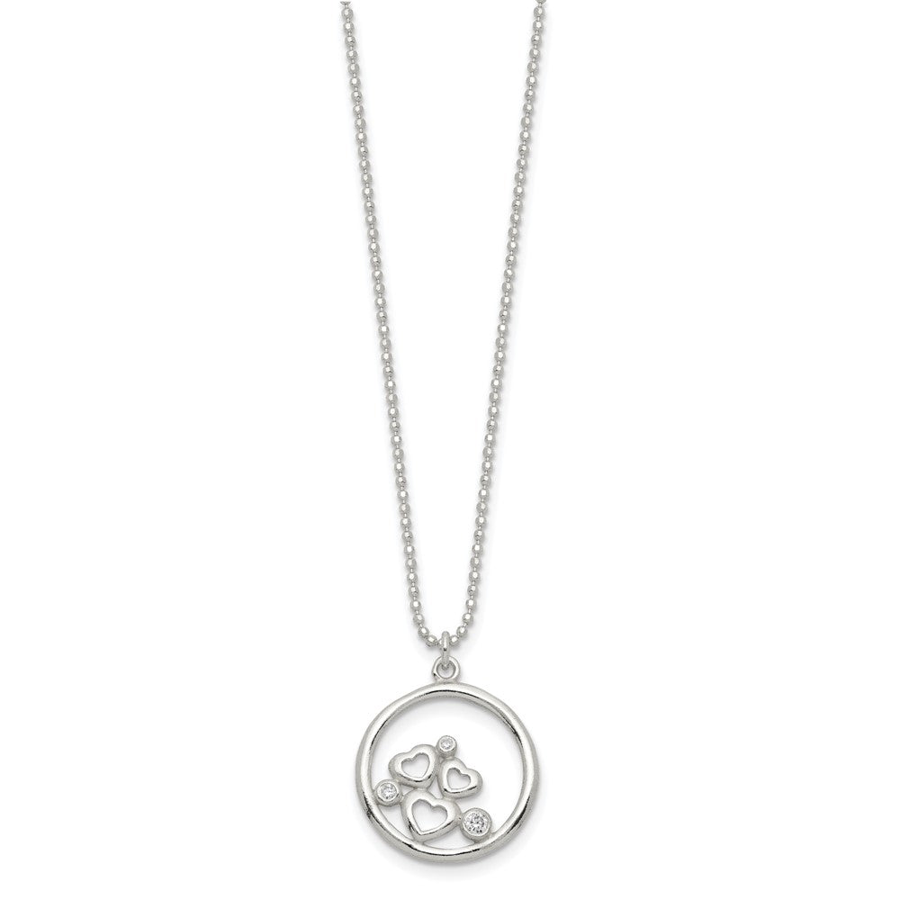 Sterling Silver Polished CZ Hearts in Circle Necklace