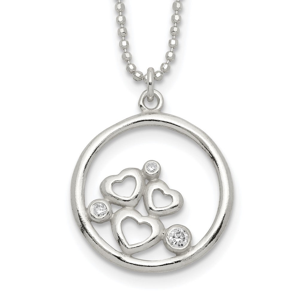 Sterling Silver Polished CZ Hearts in Circle Necklace