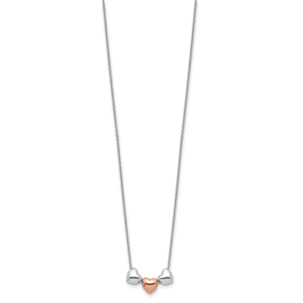 Sterling Silver Rhodium-plated Rose-tone 3-Hearts with Extension Necklace