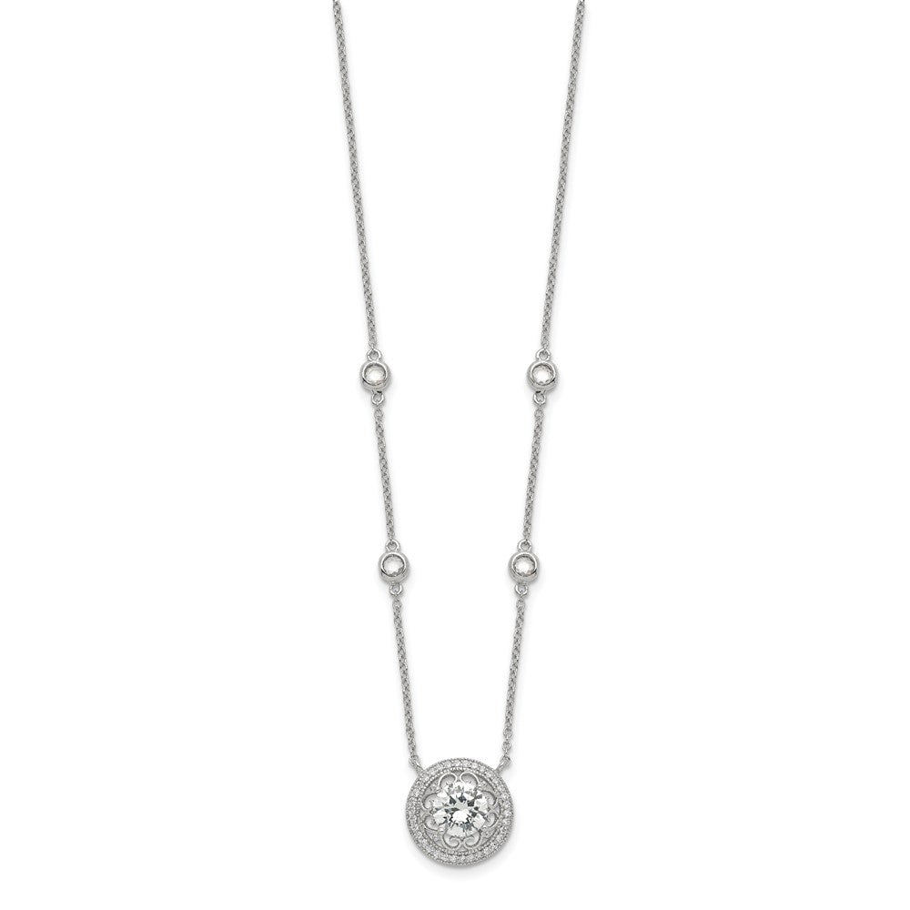 Sterling Silver Rhodium-plated Round CZ Filigree Pendant on 4-Station Chain with Extension Necklace