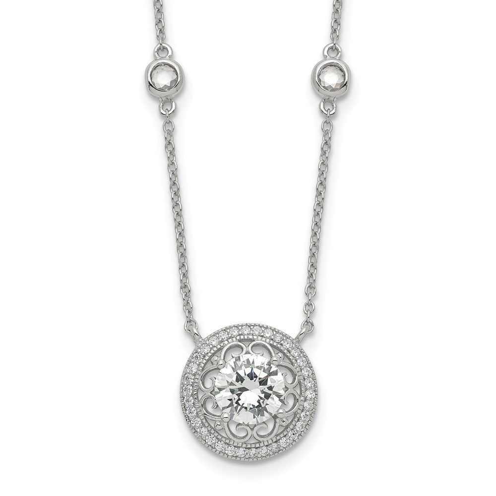 Sterling Silver Rhodium-plated Round CZ Filigree Pendant on 4-Station Chain with Extension Necklace