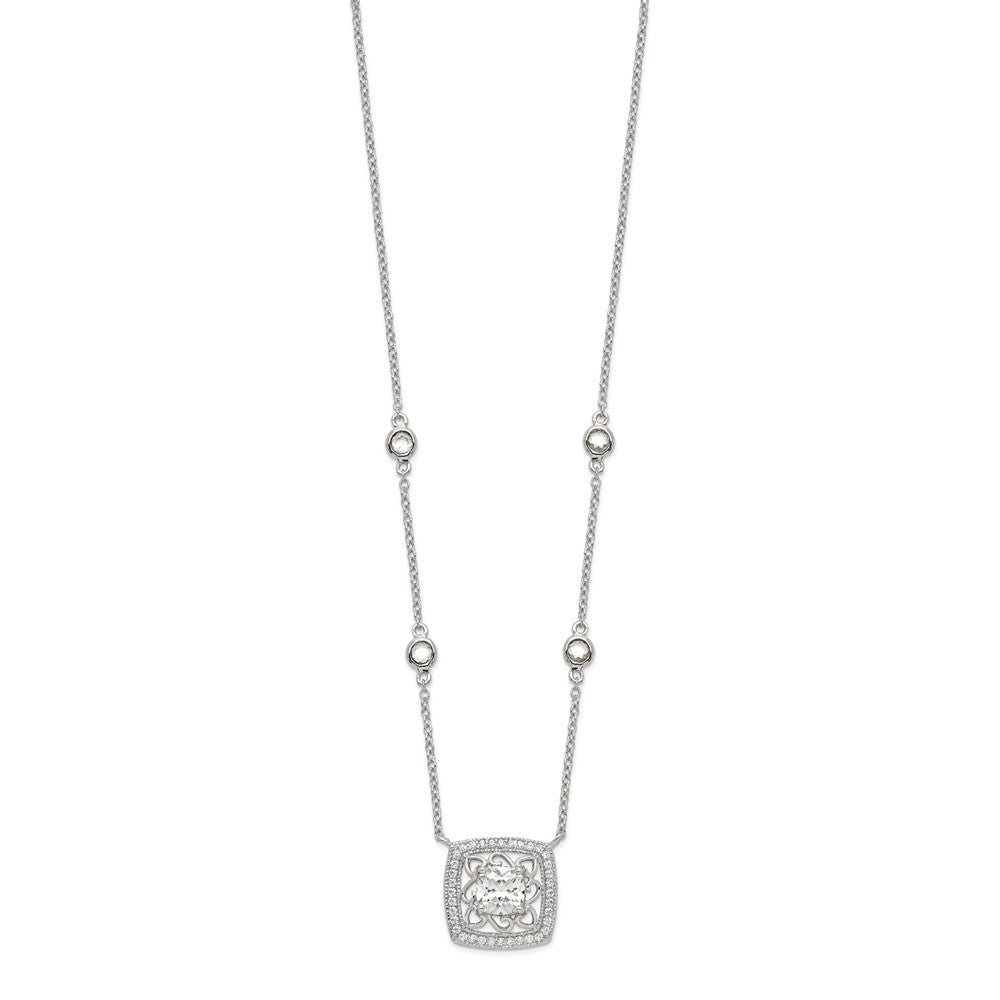 Sterling Silver Rhod-pltd Square CZ Pendant w/ ext 4-Station Necklace