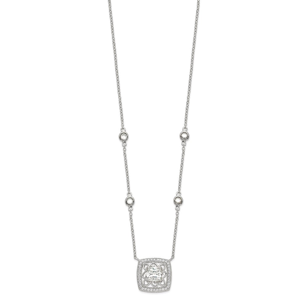 Sterling Silver Rhodium-plated Square CZ Filigree Pendant on 4-Station Chain with Extension Necklace