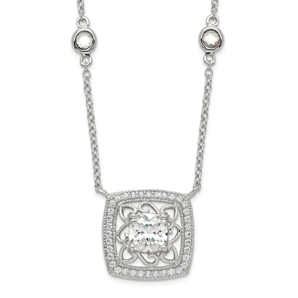 Sterling Silver Rhodium-plated Square CZ Filigree Pendant on 4-Station Chain with Extension Necklace