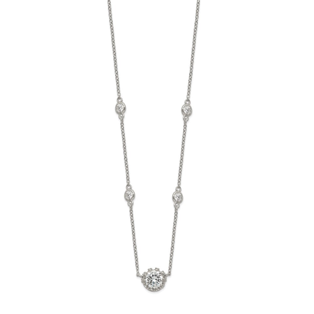 Sterling Silver RH-plated Round CZ Pendant w/. ext. 4-Station Necklace