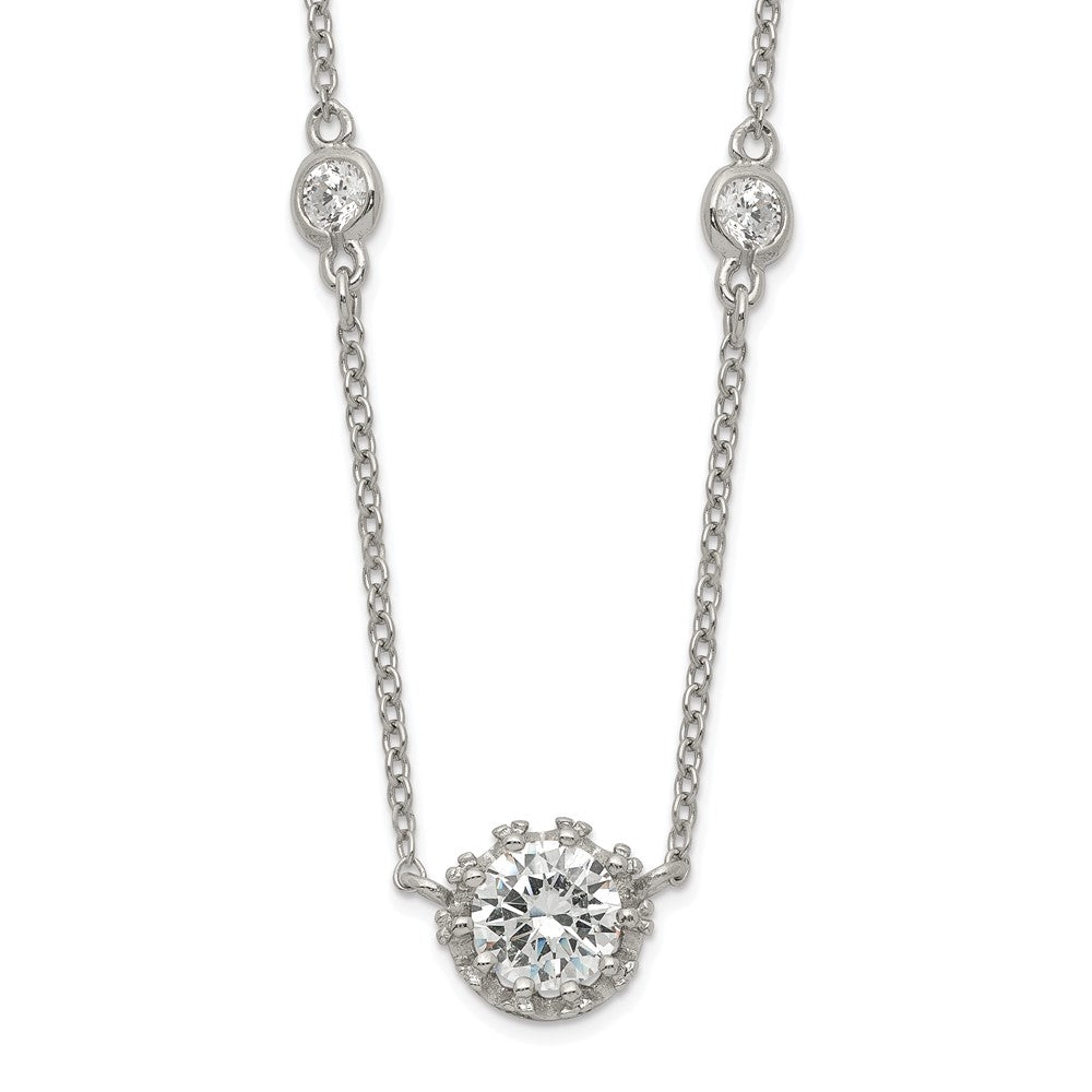 Sterling Silver RH-plated Round CZ Pendant w/. ext. 4-Station Necklace