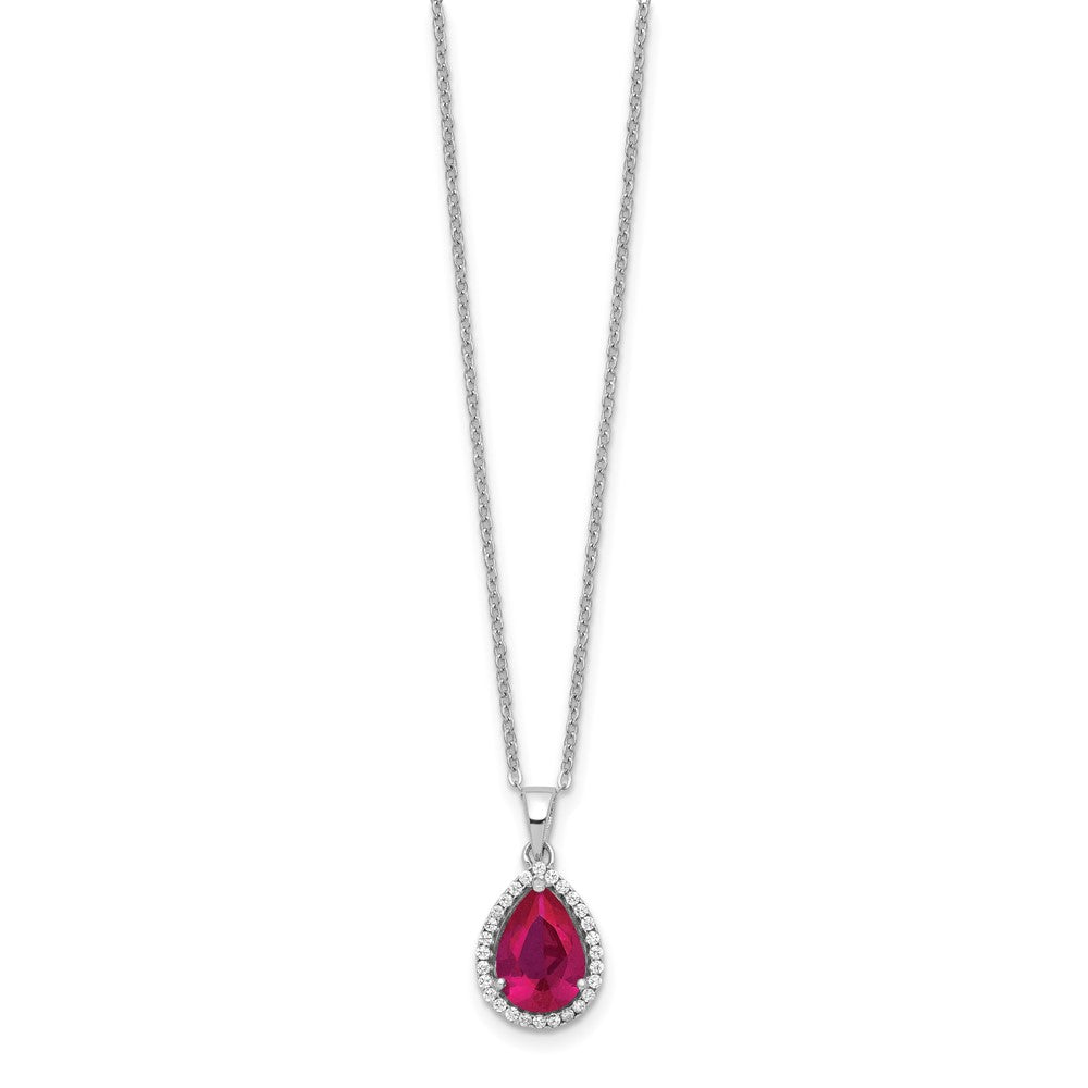 Sterling Silver Rhodium Plated Polished Clear CZ and Lab Created Ruby Pear Shaped Necklace