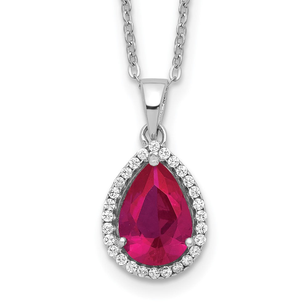 Sterling Silver Rhodium Plated Polished Clear CZ and Lab Created Ruby Pear Shaped Necklace