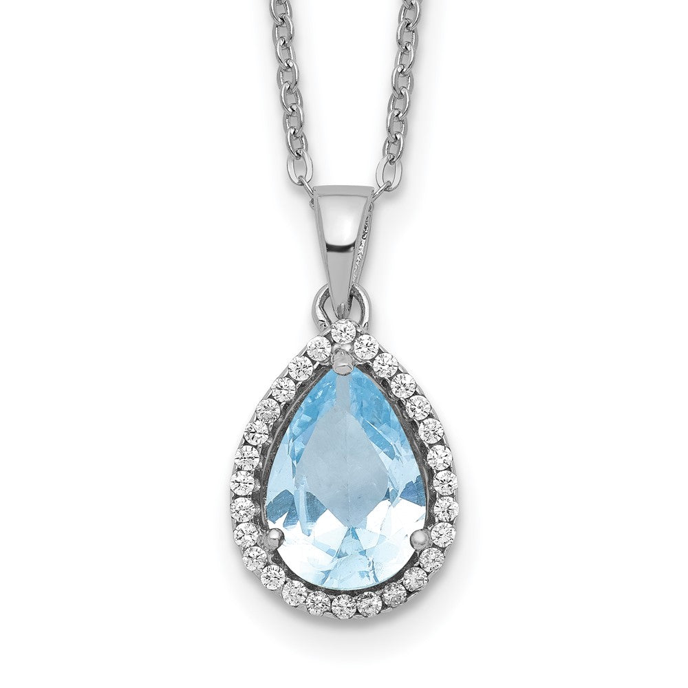 Sterling Silver Rhodium Polished Created Aquamarine & CZ Necklace