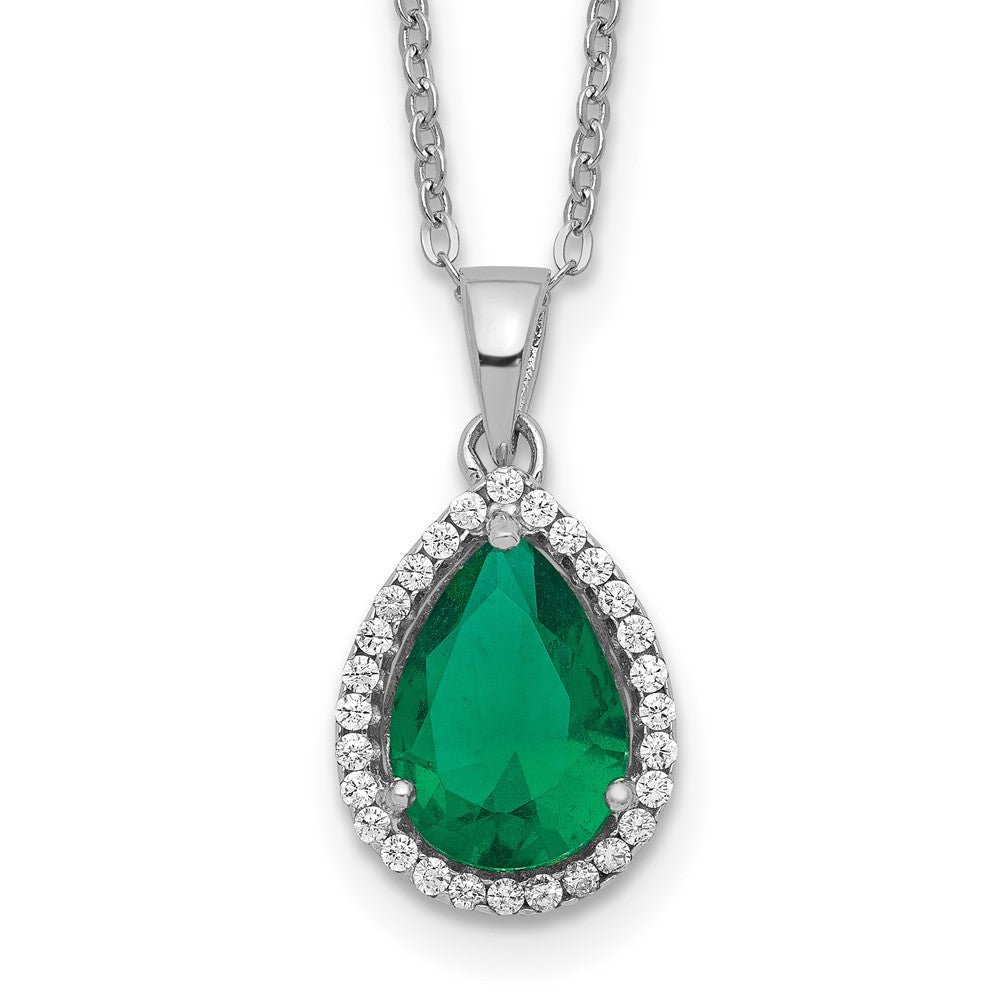 Sterling Silver Rhodium Simulated Emerald & CZ Necklace