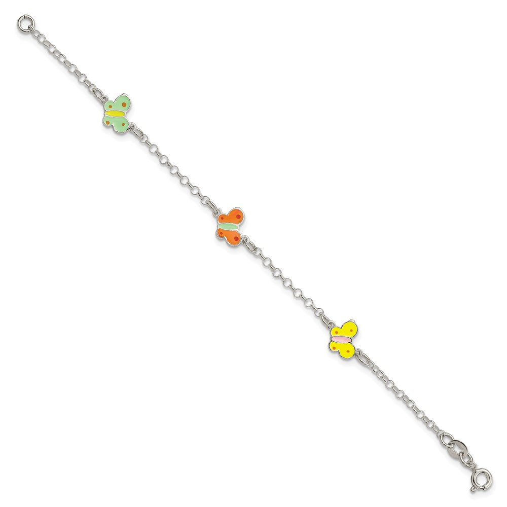 Sterling Silver Polished Multi-color Enamel Butterflies 6 Inch Bracelet