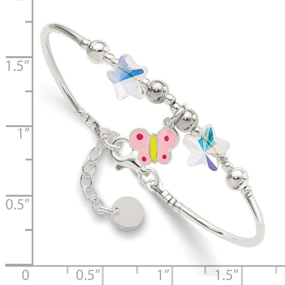 Sterling Silver Multi-color Enameled Butterfly and Crystal Stars 6 Inch with 1 Inch Extension Bracelet