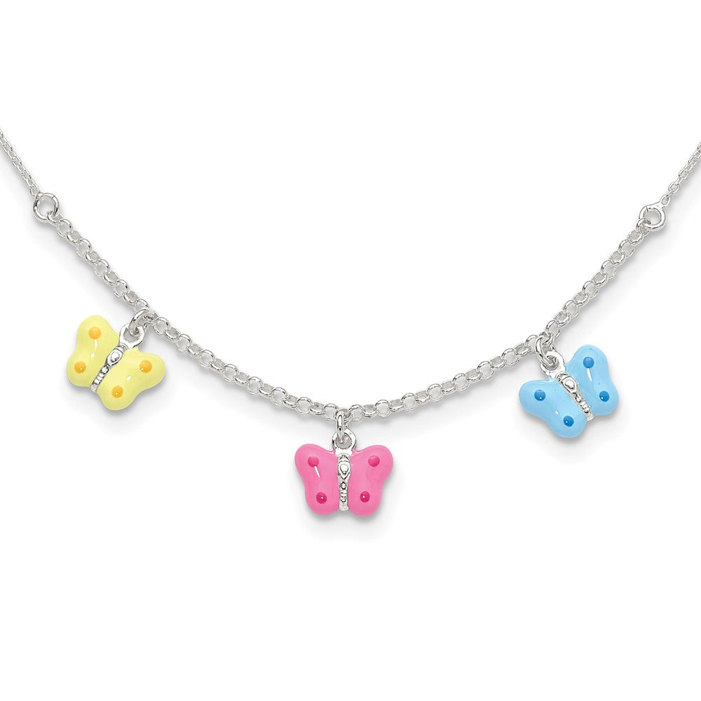 Sterling Silver Polished Yellow, Pink and Blue Enameled Three Butterfly Children's Necklace