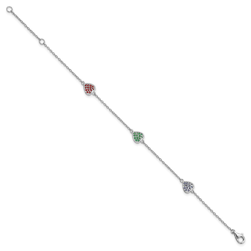 Sterling Silver Rhodium-plated Red, Green and Blue Glass Hearts with Extension Bracelet