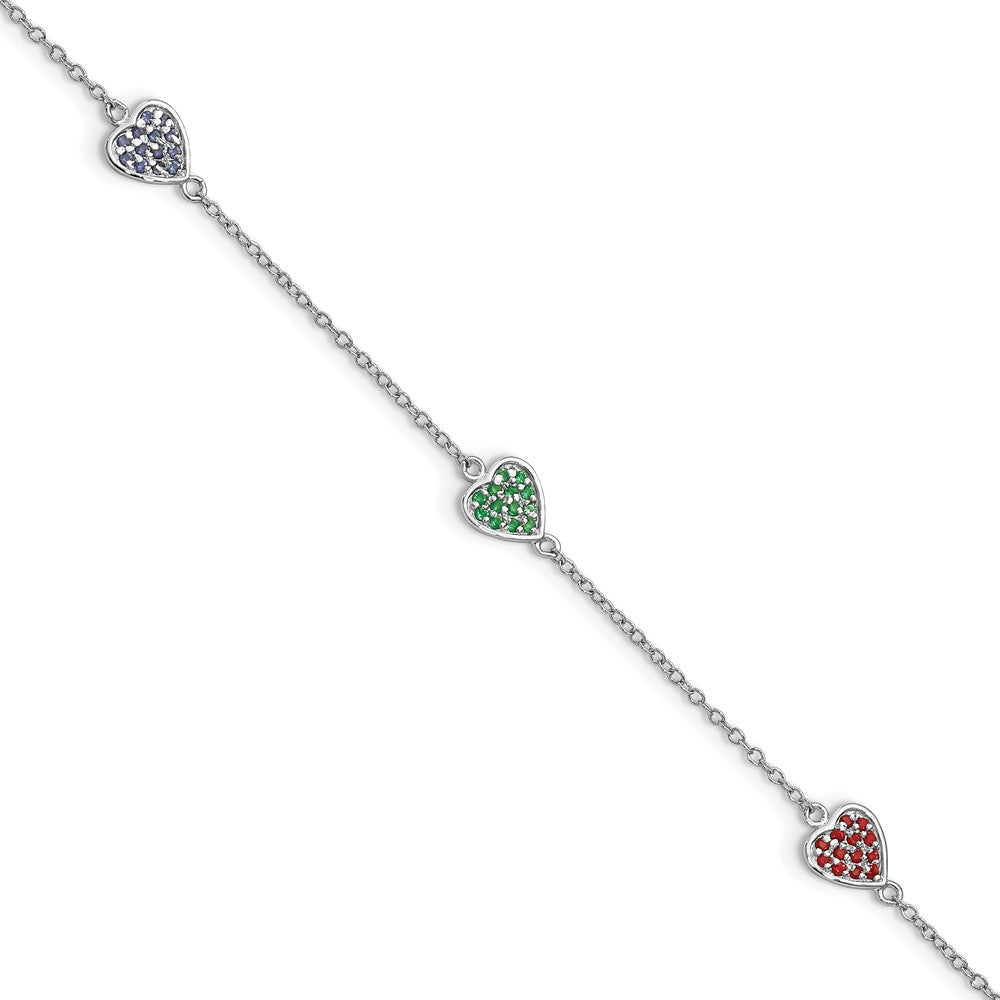Sterling Silver Rhodium-plated Red, Green and Blue Glass Hearts with Extension Bracelet