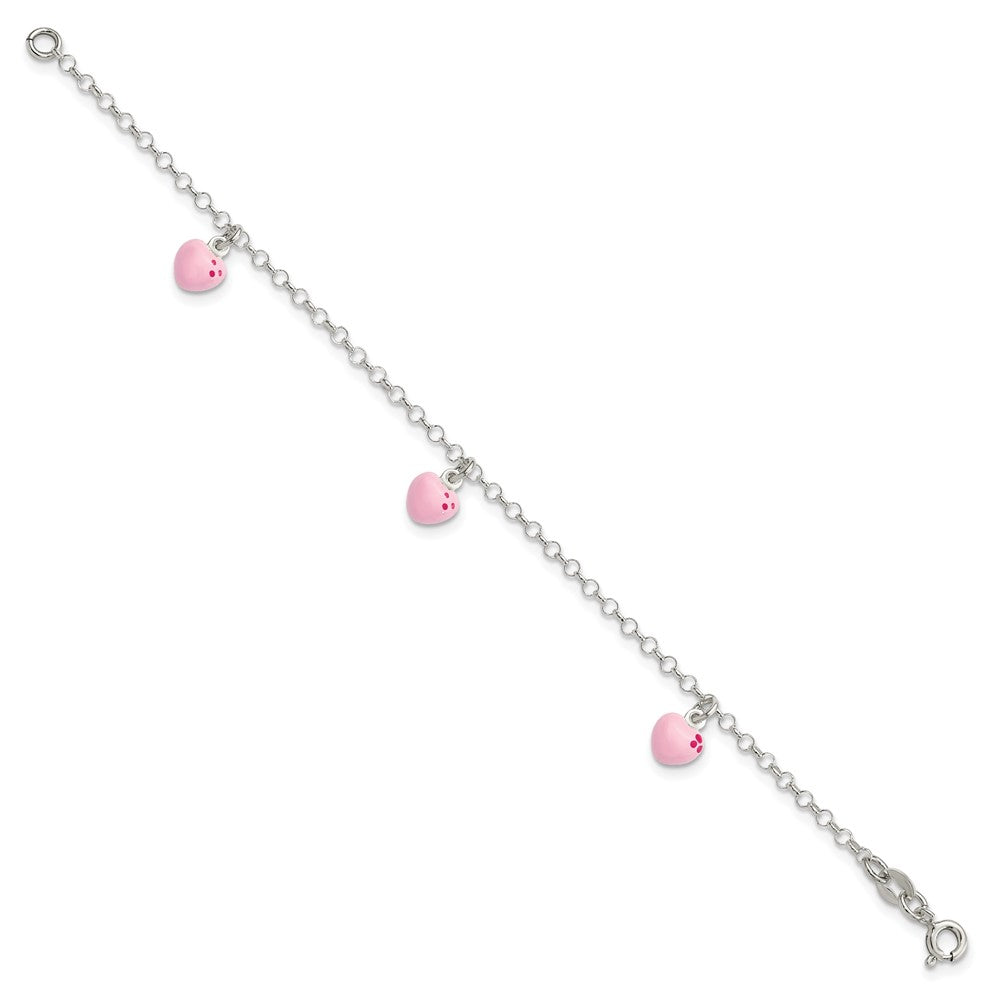 Sterling Silver Polished Pink Enameled Hearts Bracelet