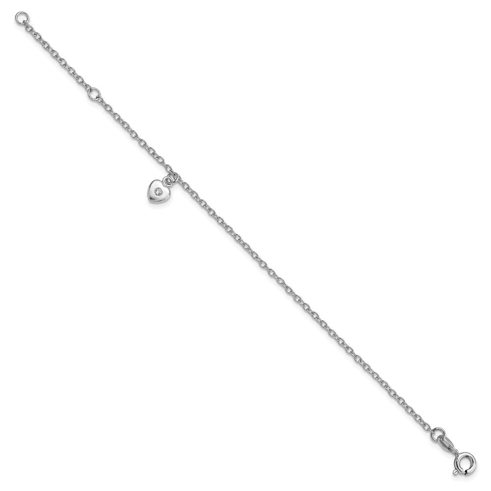 Sterling Silver RH-plated Polished CZ Heart w/ ext. Bracelet