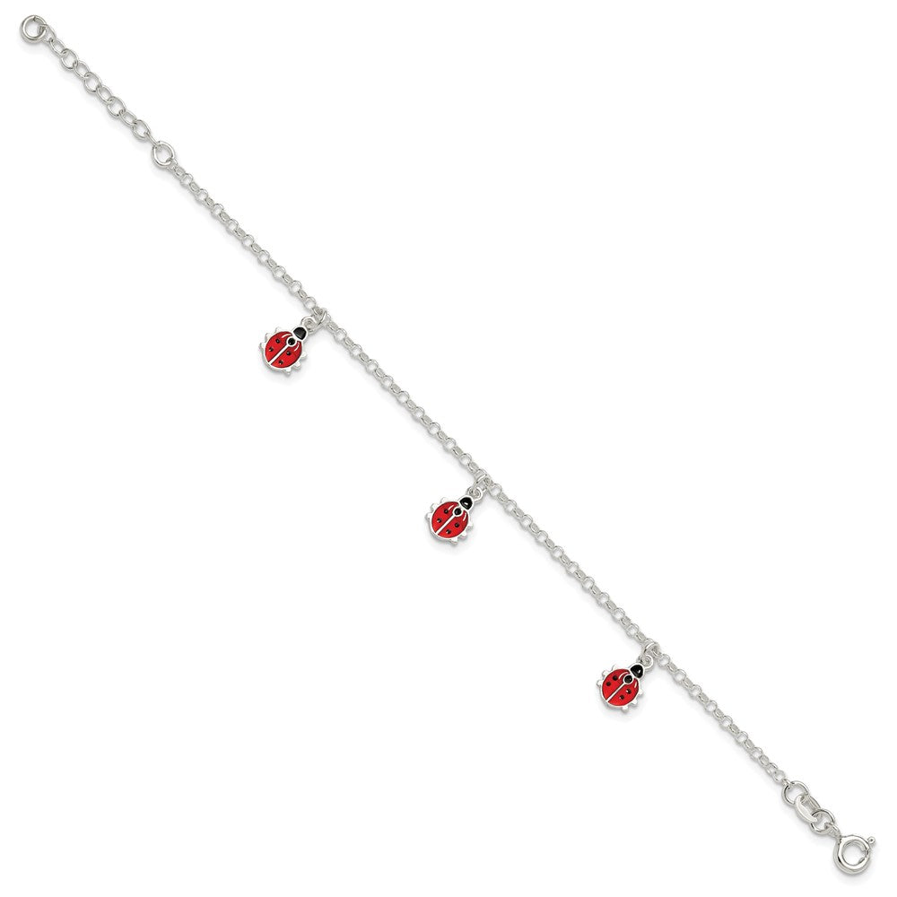 Sterling Silver Polished Enameled Ladybugs w/ ext. Children's Bracelet