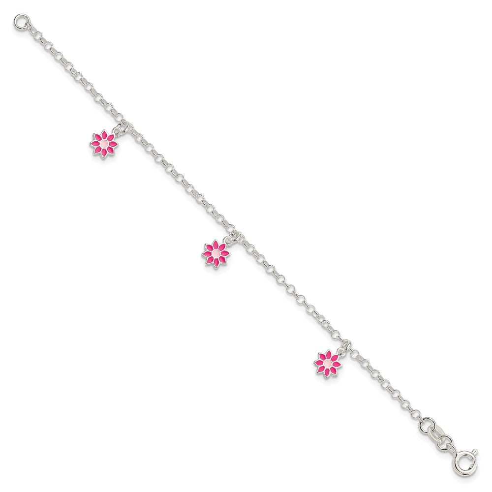 Sterling Silver Polished Pink Enameled Dangle Flowers 6 Inch Bracelet