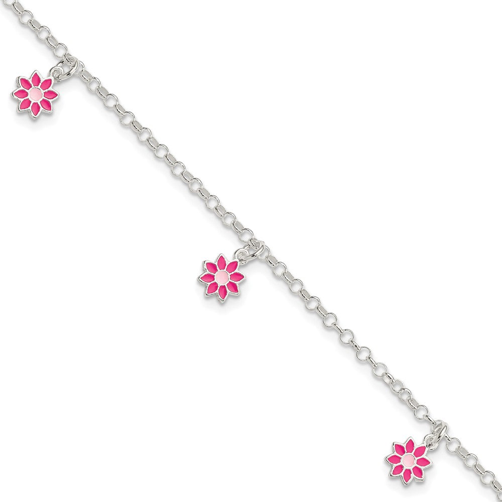 Sterling Silver Polished Pink Enameled Dangle Flowers 6 Inch Bracelet