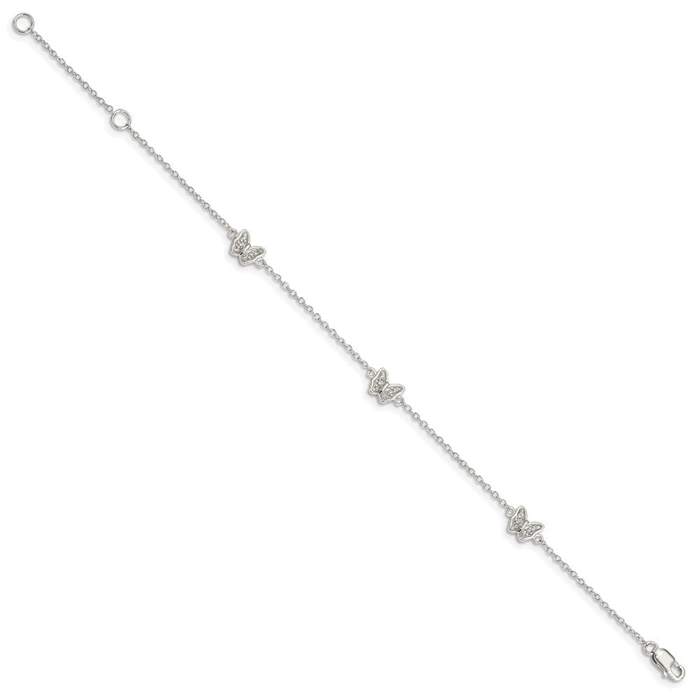 Sterling Silver Rhodium-plated Polished CZ Butterflies Bracelet with extension