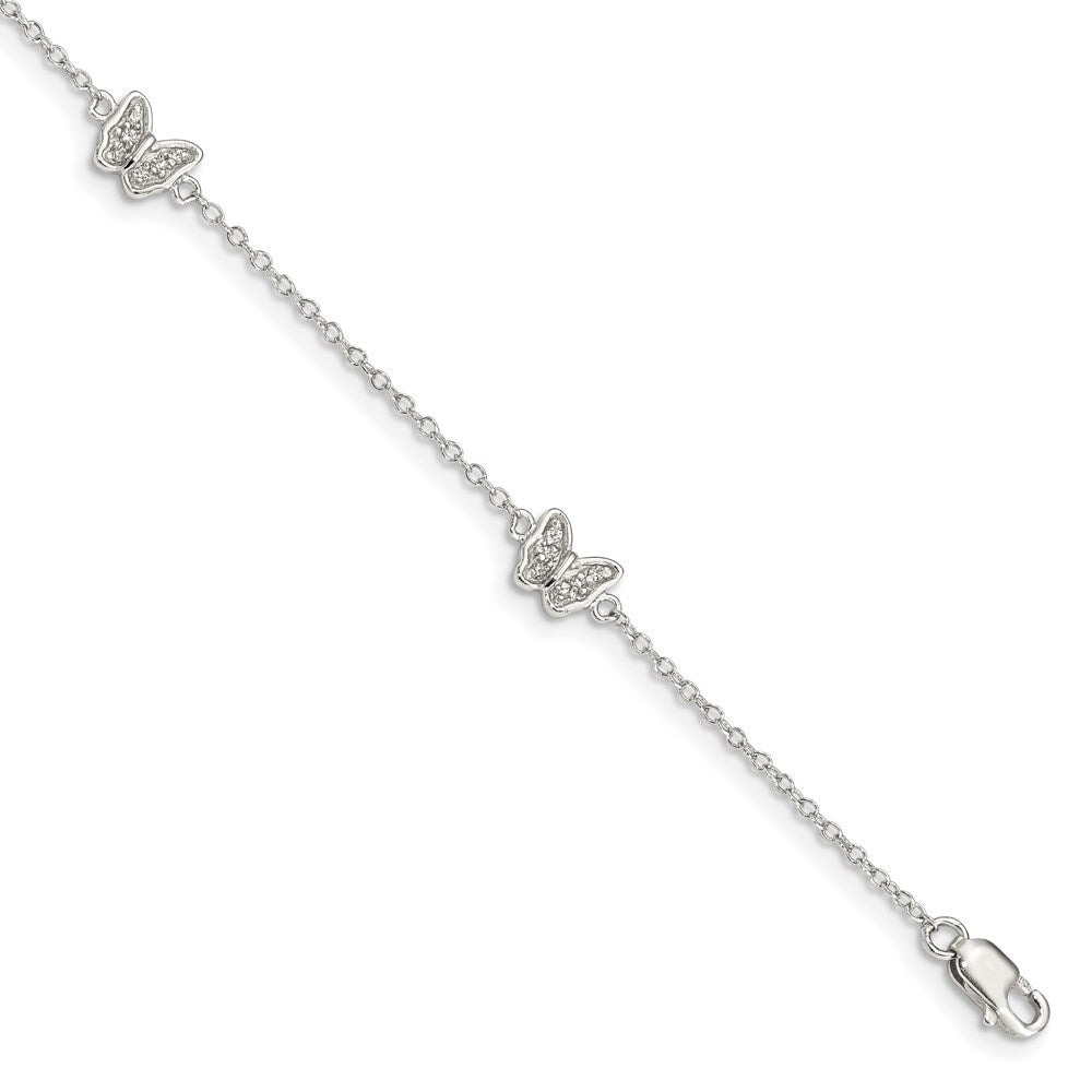 Sterling Silver Rhodium-plated Polished CZ Butterflies Bracelet with extension