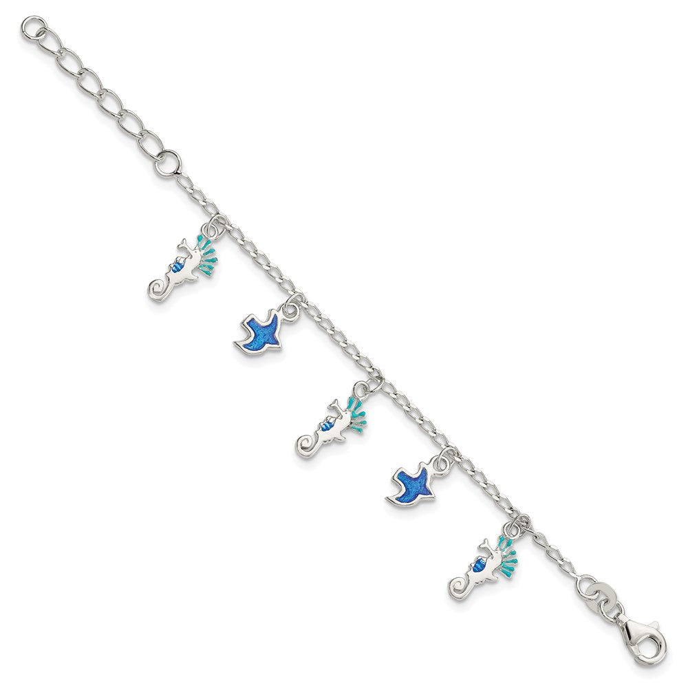 Sterling Silver Enameled Seahorse & Birds w/ ext. Bracelet