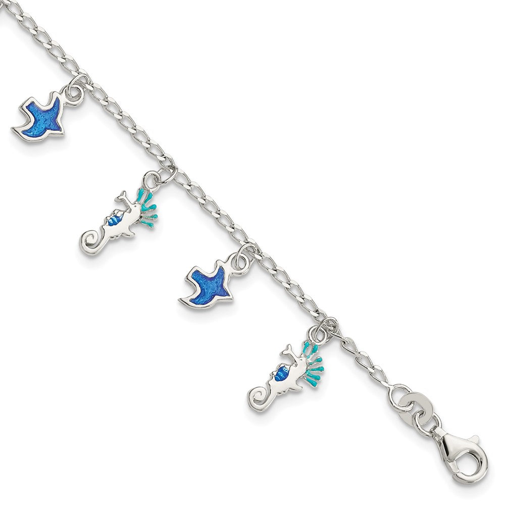 Sterling Silver Enameled Seahorse & Birds w/ ext. Bracelet