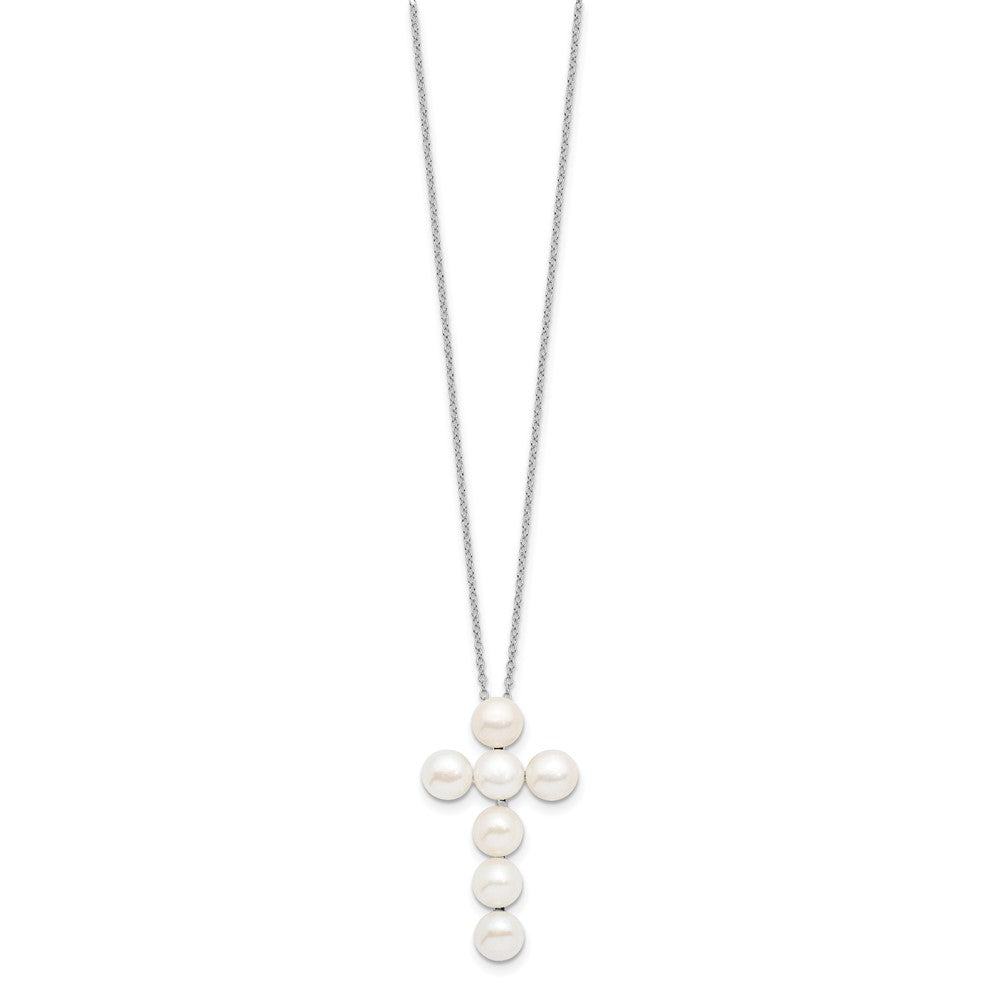 Sterling Silver Rhodium-plated 6- White Button Freshwater Cultured Pearl Cross Necklace
