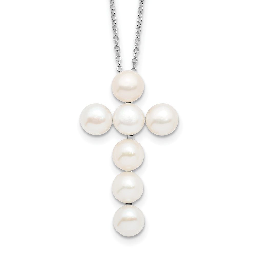 Sterling Silver Rhodium-plated 6- White Button Freshwater Cultured Pearl Cross Necklace