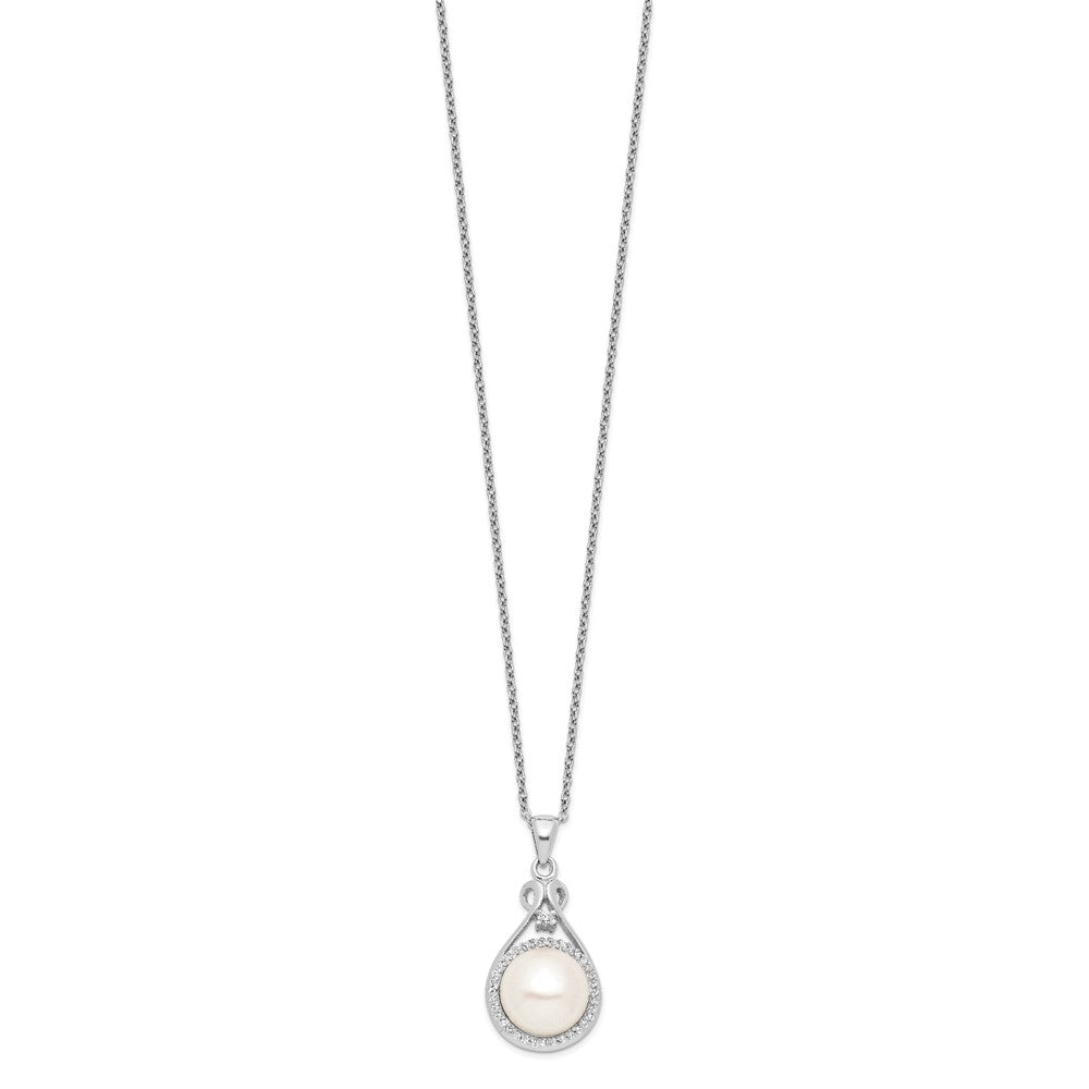 Sterling Silver Rhodium-plated 10- White Button Freshwater Cultured Pearl and CZ Necklace