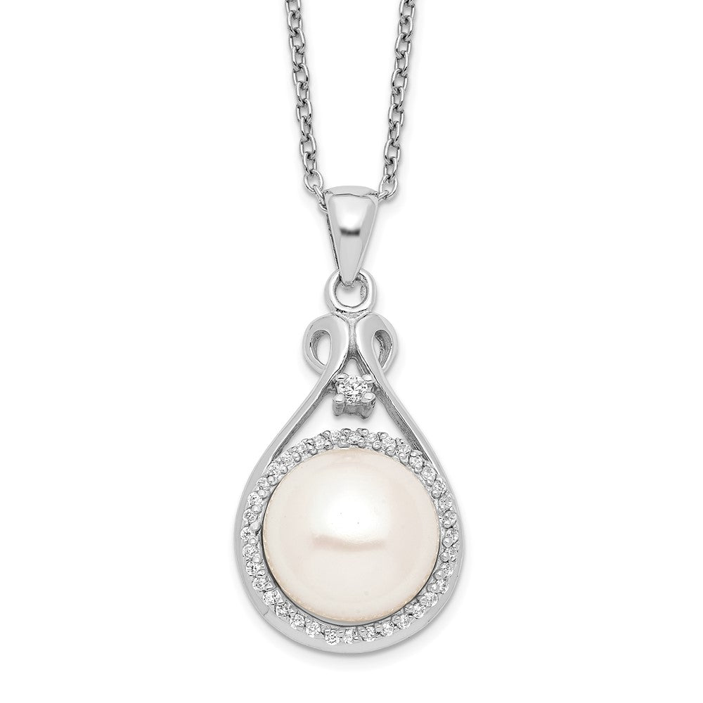 Sterling Silver Rhodium-plated 10- White Button Freshwater Cultured Pearl and CZ Necklace